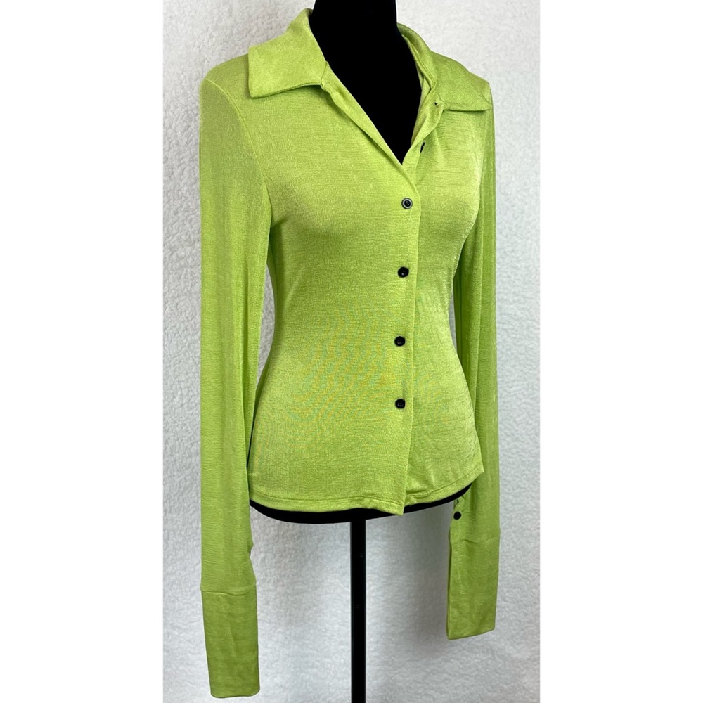 COMMENSE • Lime Green Exaggerated Long Sleeve Collared Button-Down Shirt, S - Picture 7 of 16